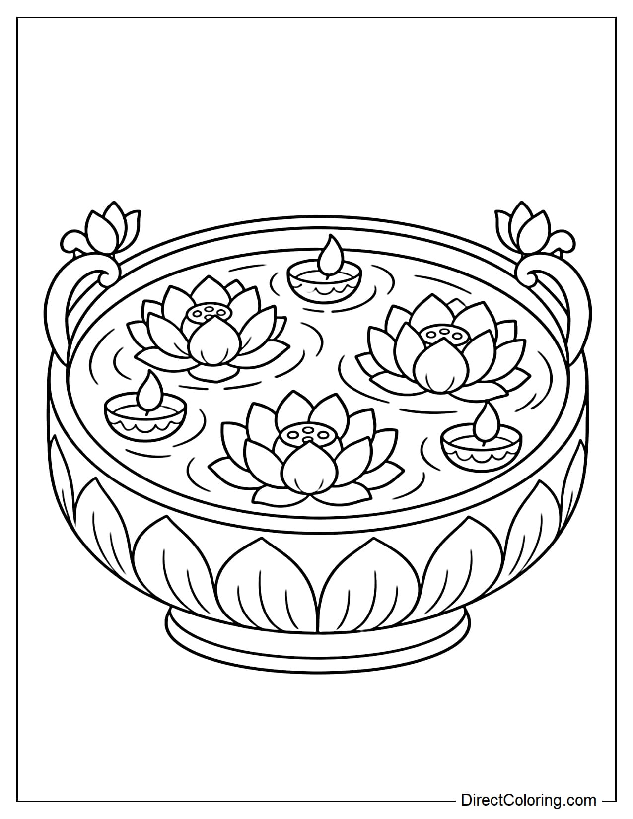 A large round urli bowl with lotus-leaf-shaped handles holds three floating lotus flowers and four diya lamps. Curved ripples spread across the water, while a row of lotus petals decorates the outside of the bowl.