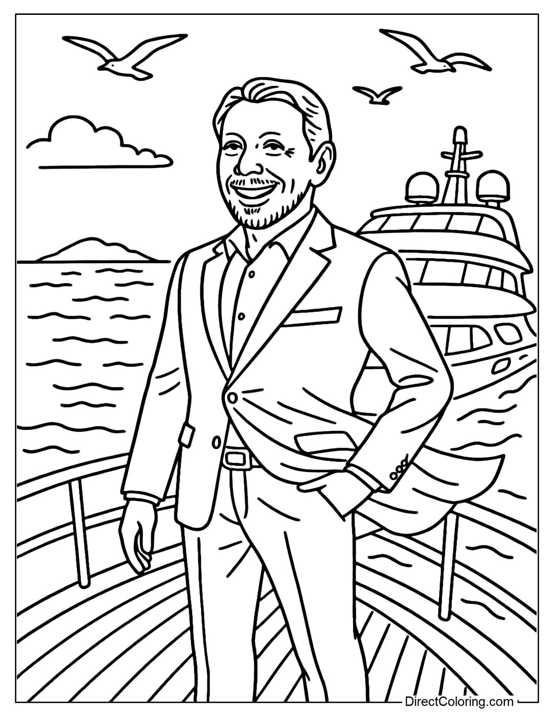 Larry Ellison on the Ocean Yacht Coloring Page Larry Ellison Coloring Page standing on the deck of a superyacht, the wind blowing his suit jacket.