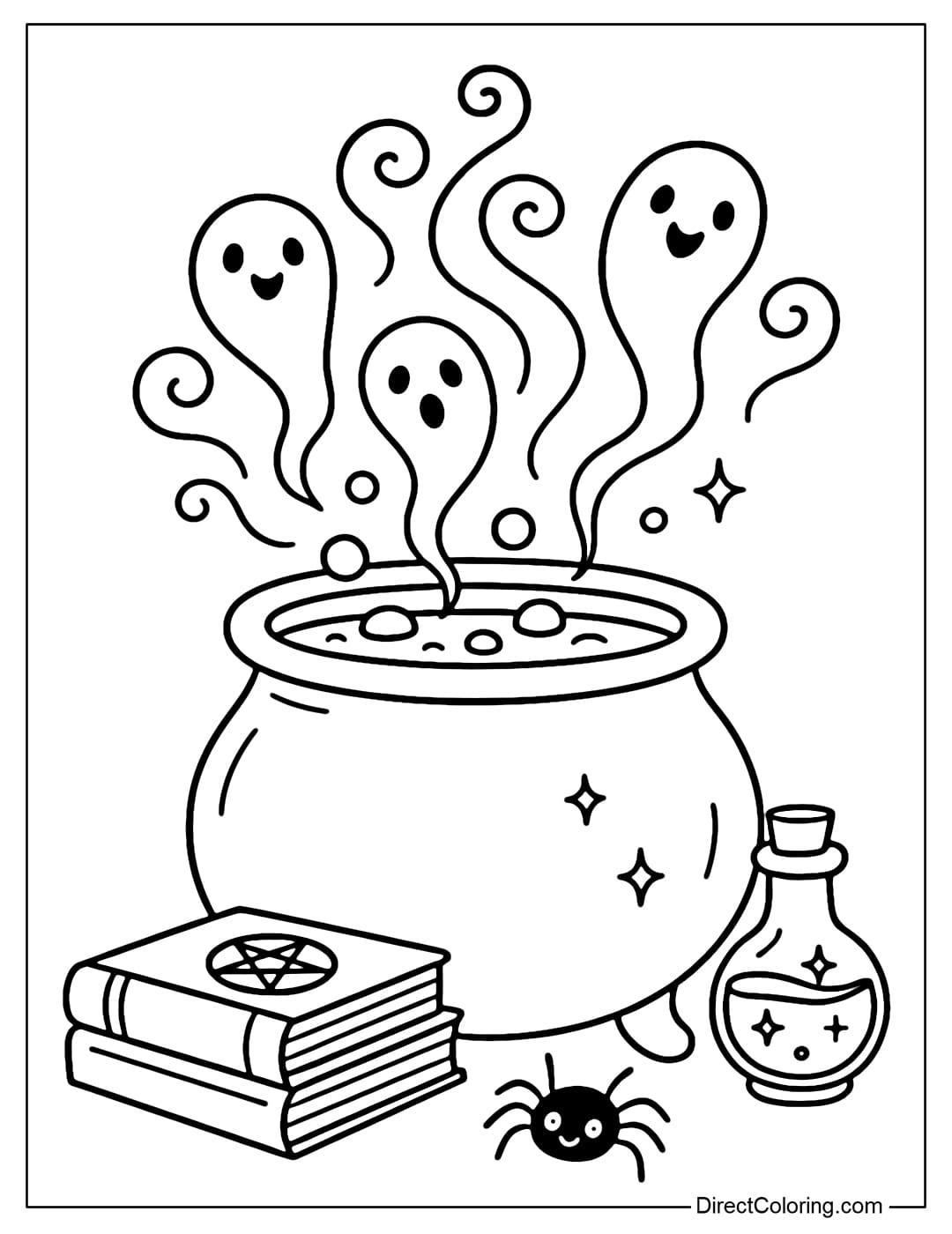 Coloring page of a ghostly smoking cauldron, surrounded by magic books and sparkling potions.