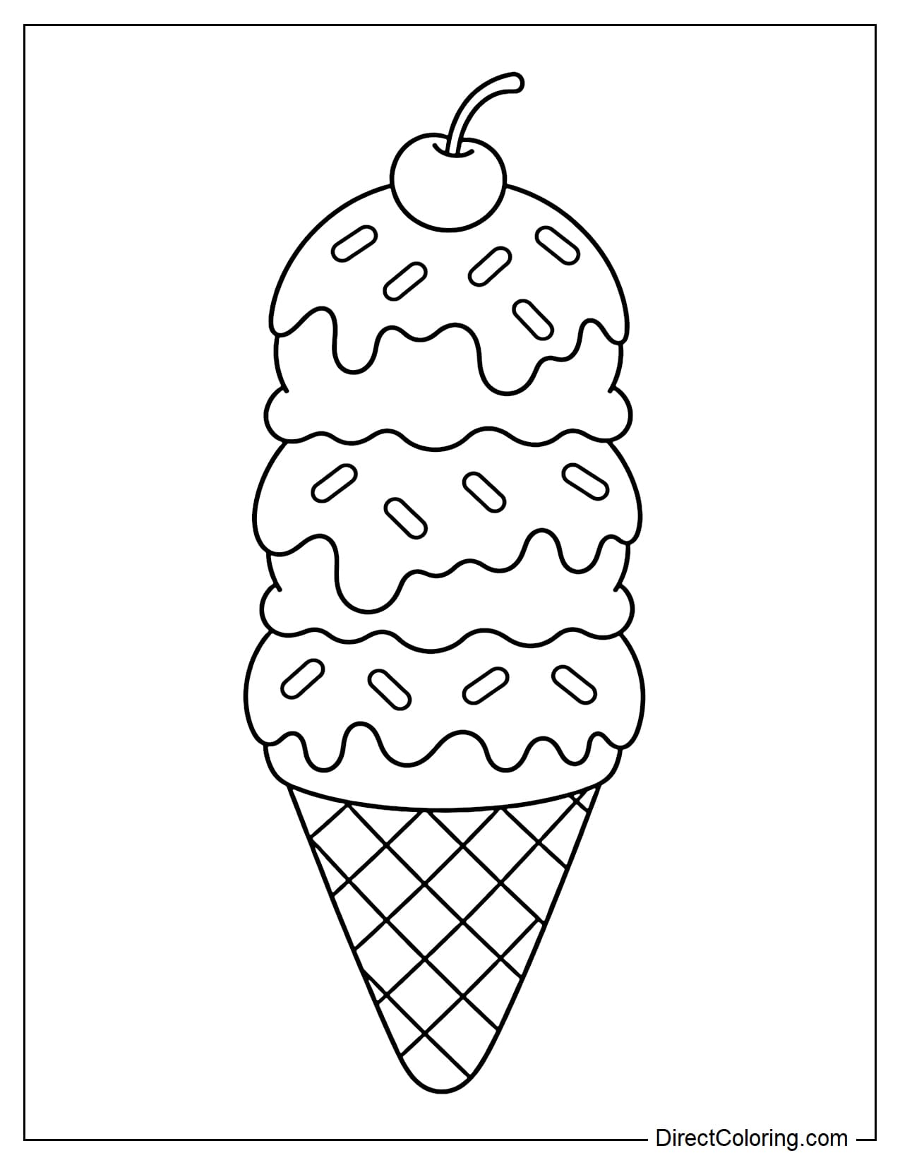 A three-scoop ice cream cone stacked on top, with a light drizzle of ice cream, a cherry on top, and a few large candy sprinkles.