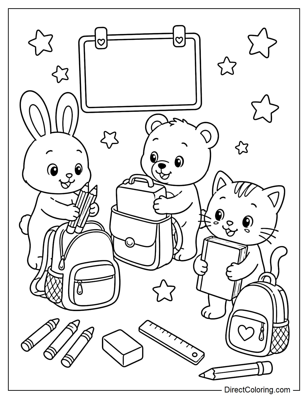 Three animal friends are packing their backpacks for back-to-school in August: a rabbit arranging pencils, a little bear putting a lunchbox in its bag, and a kitten hugging a large book.