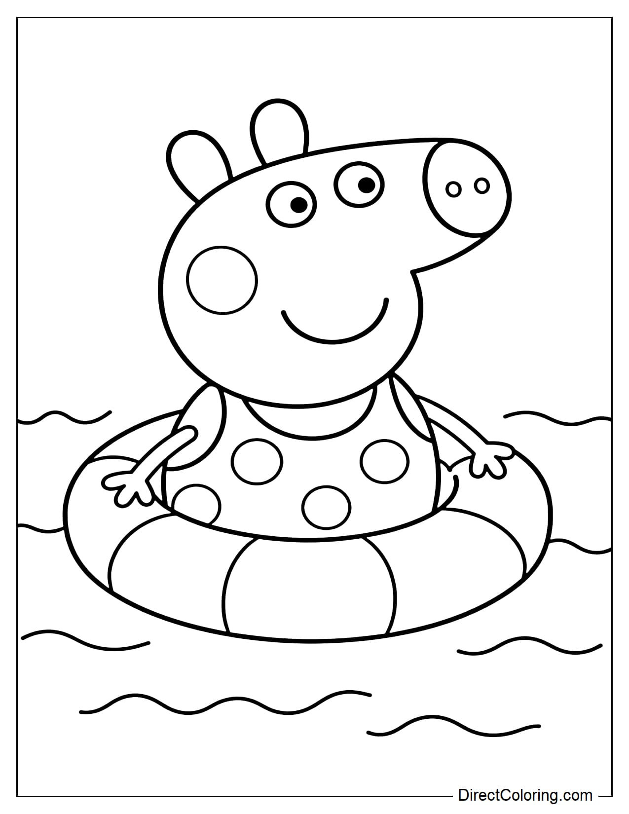 Peppa Pig is wearing a swimsuit and a float and swimming in a summer lake with a few ripples around her.