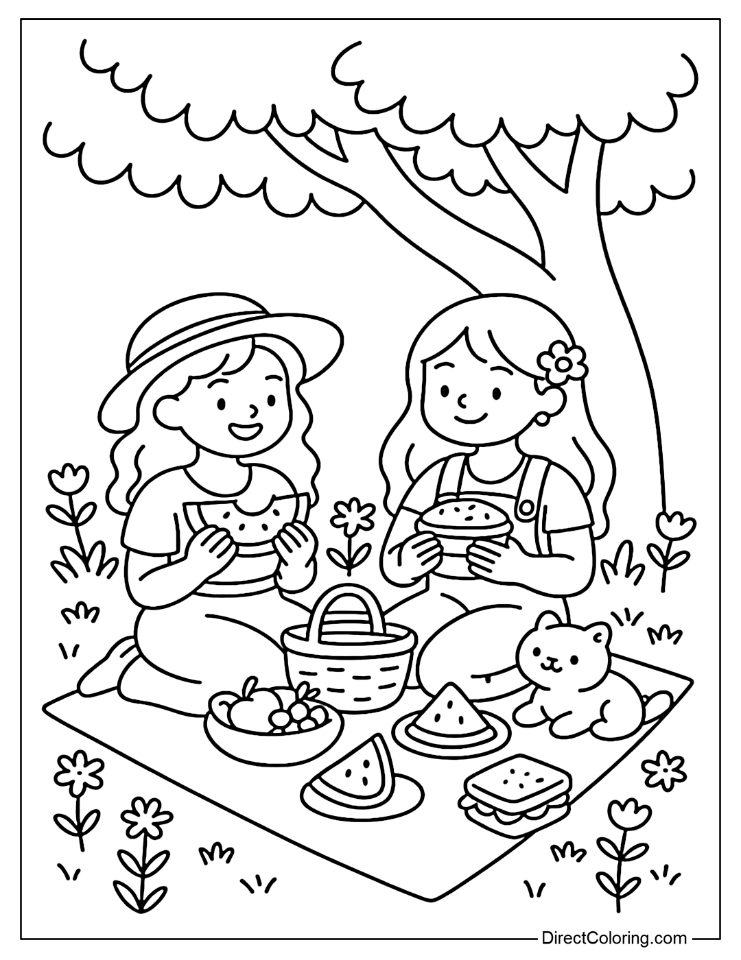 Coloring page of two girls spreading a picnic blanket under a tree, with fruit, sandwiches and wildflowers.