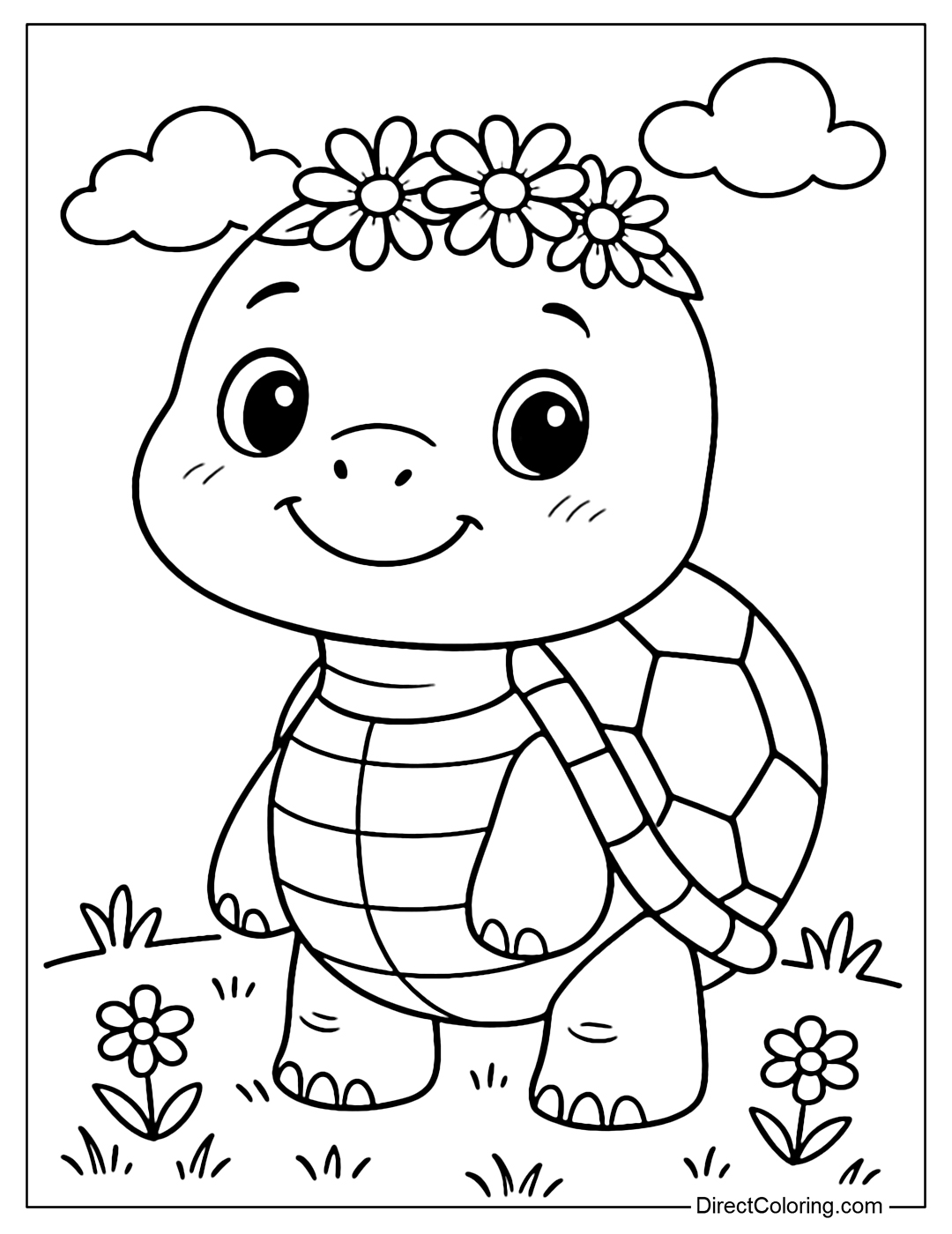 A coloring page of a smiling little turtle, wearing a simple daisy crown on its head, standing in the middle of a field of grass with a few small flowers and round clouds in the distance.