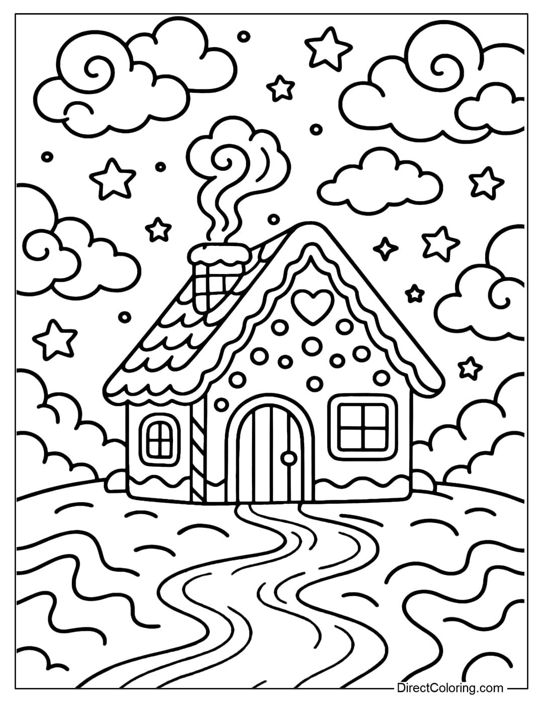 Gingerbread house coloring page in dreamland, cotton candy clouds and a road made of melted chocolate