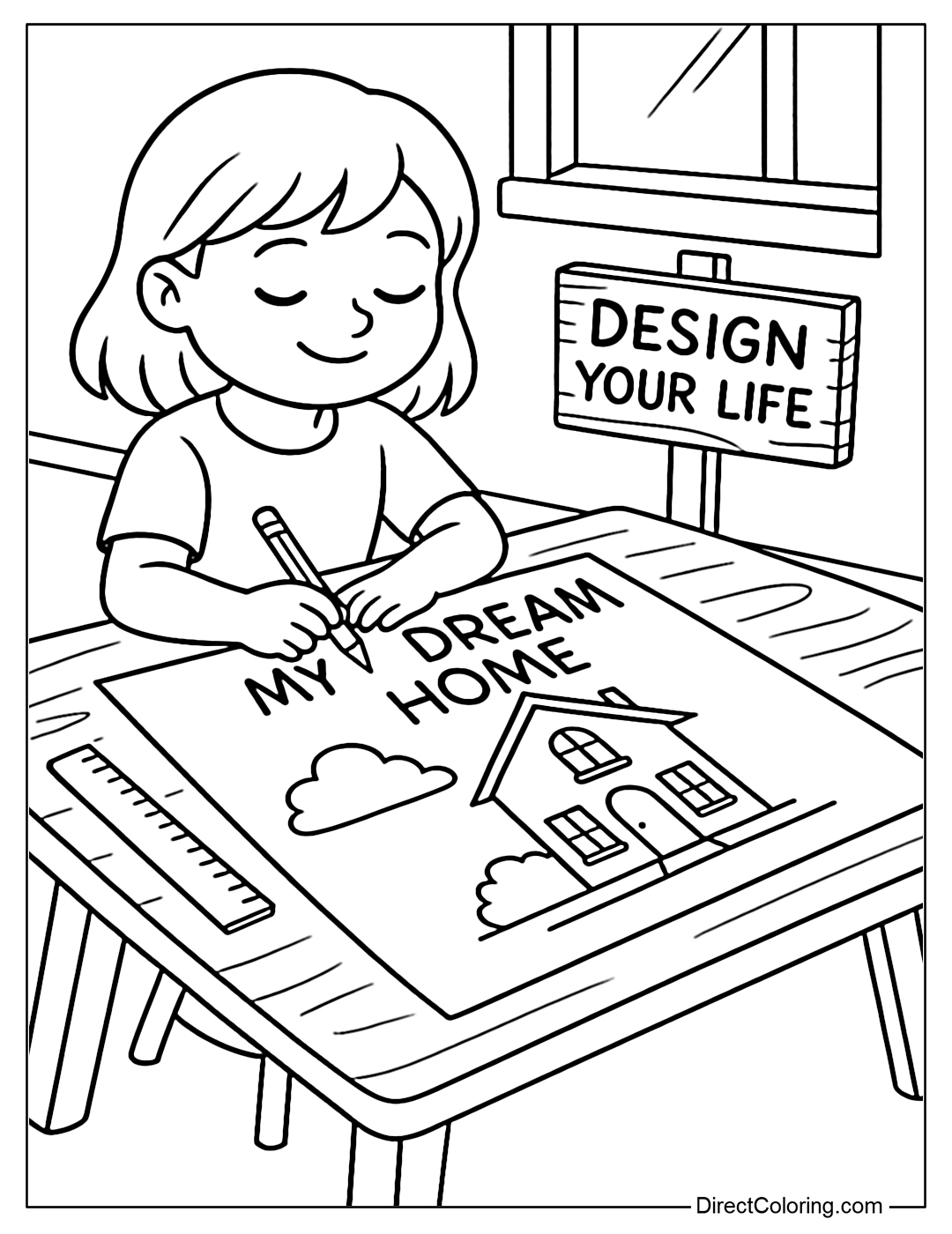 A coloring page for kids to design a future house, with a drawing with the words 