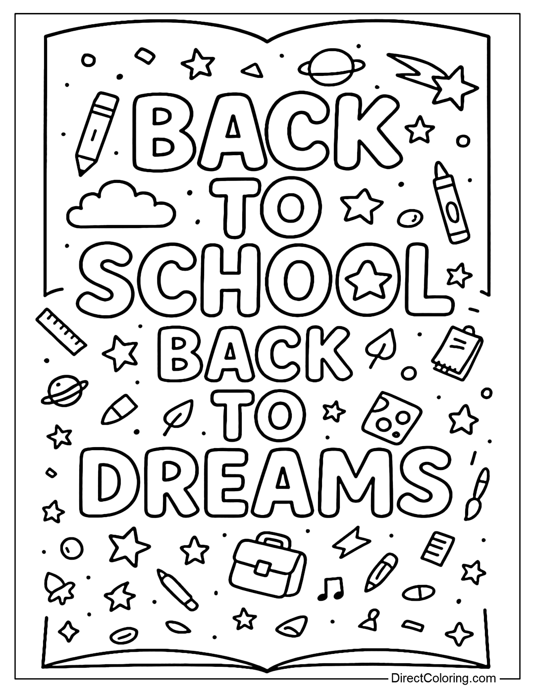 Back to School, Back to Dreams coloring page with artistic words, letters with images such as pens, clouds, school bags, stars