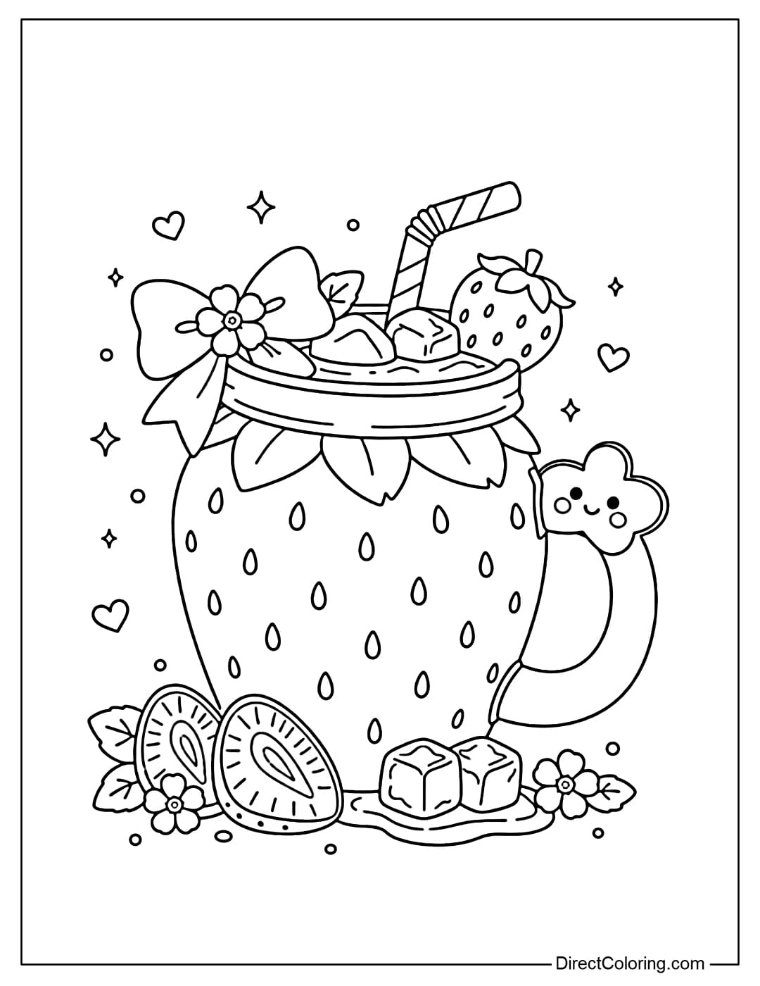 Coloring page of a strawberry-shaped drinking mug with a cute handle.