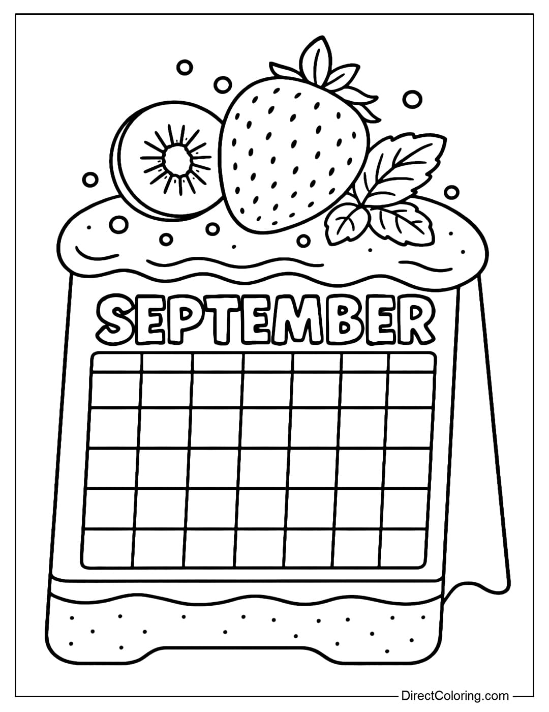 September calendar coloring page features a standee cutout in the shape of a soft, fluffy strawberry shortcake; the calendar is nestled within the cake layer like a large label. The top is subtly decorated: large strawberries, kiwi slices, mint leaves, and a few sugar dots.