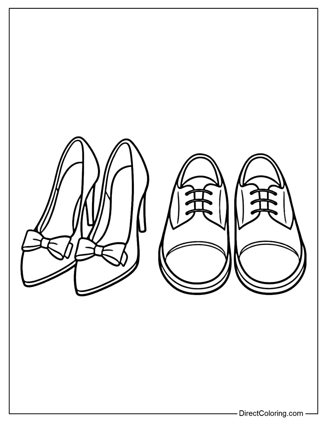Coloring page of a pair of bride's high heels and groom's dress shoes placed side by side, toes pointing forward.