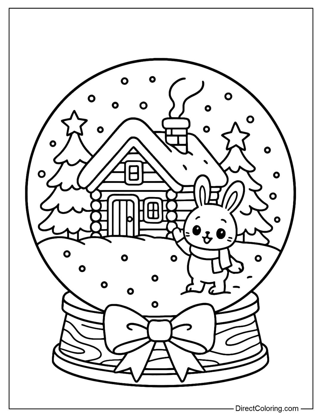 A coloring page featuring a round snow globe with a cozy little cabin inside, and a waving bunny wearing a scarf.