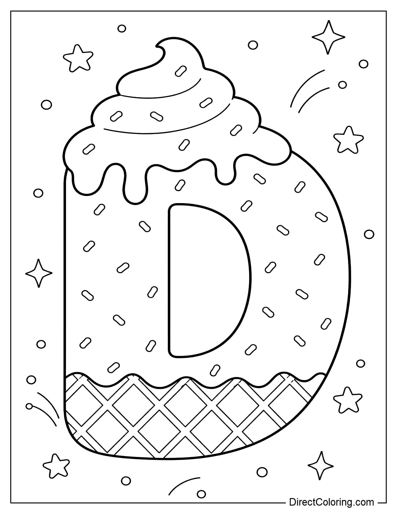 A large, bubble-shaped capital letter D made from soft serve ice cream, with a light, melted ice cream topping. The entire letter is covered with sprinkles, and the base has a waffle texture. It is surrounded by small stars and dots.