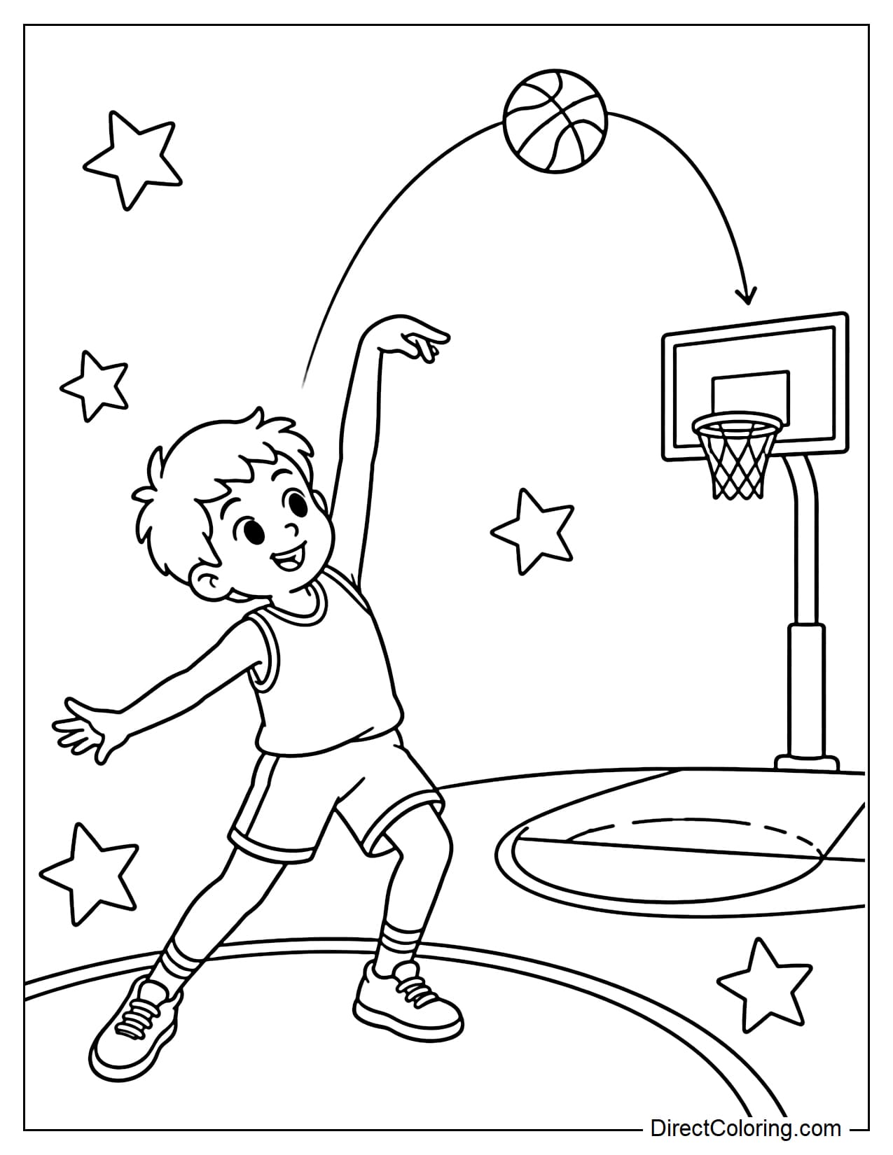 A young player is taking a long-distance shot with one foot stepping diagonally forward, body slightly tilted, one arm extended high as the ball is released, the ball flying in a large arc towards the far basket.