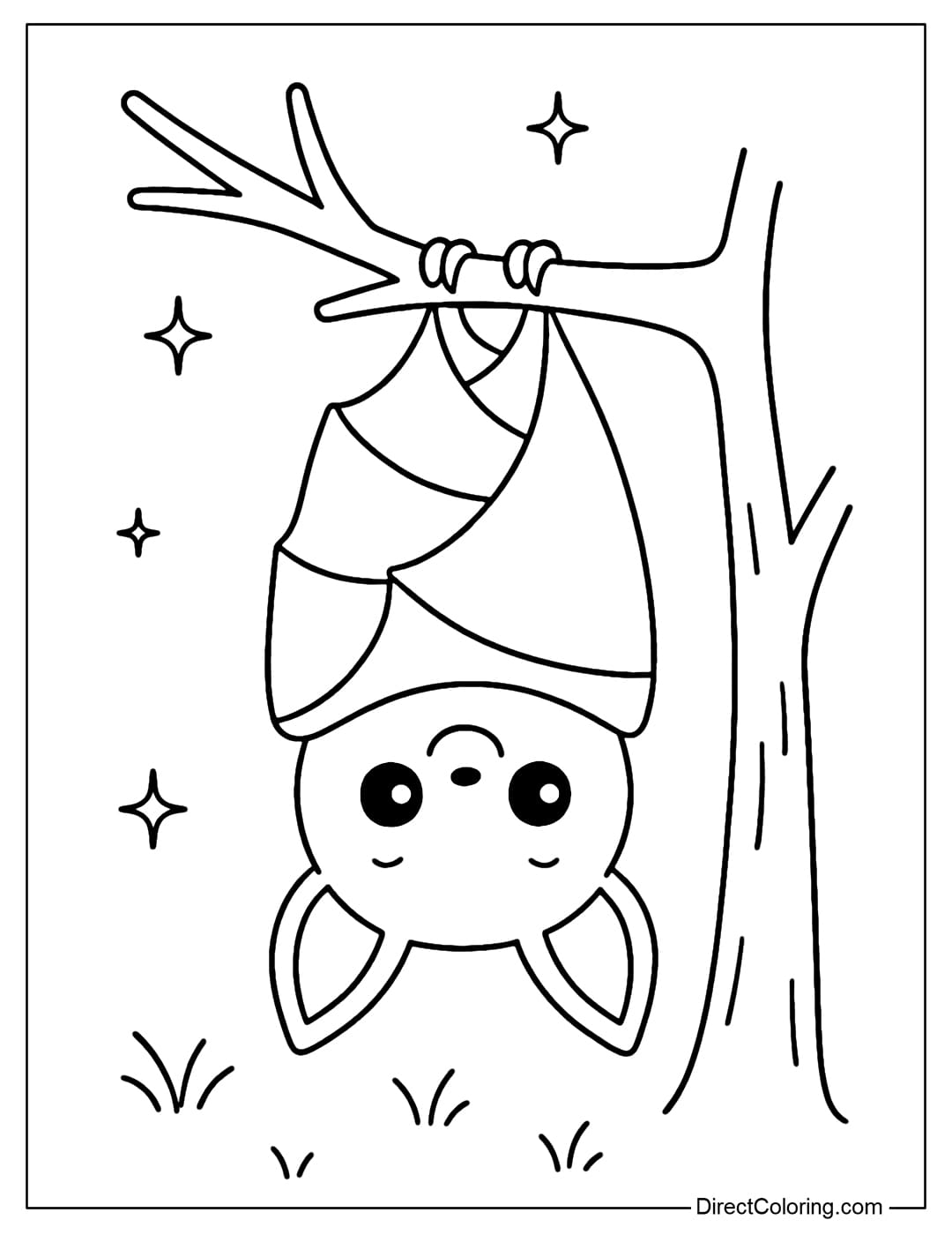 A coloring page of a bat hanging upside down on a dry tree branch, its big round eyes looking down mischievously