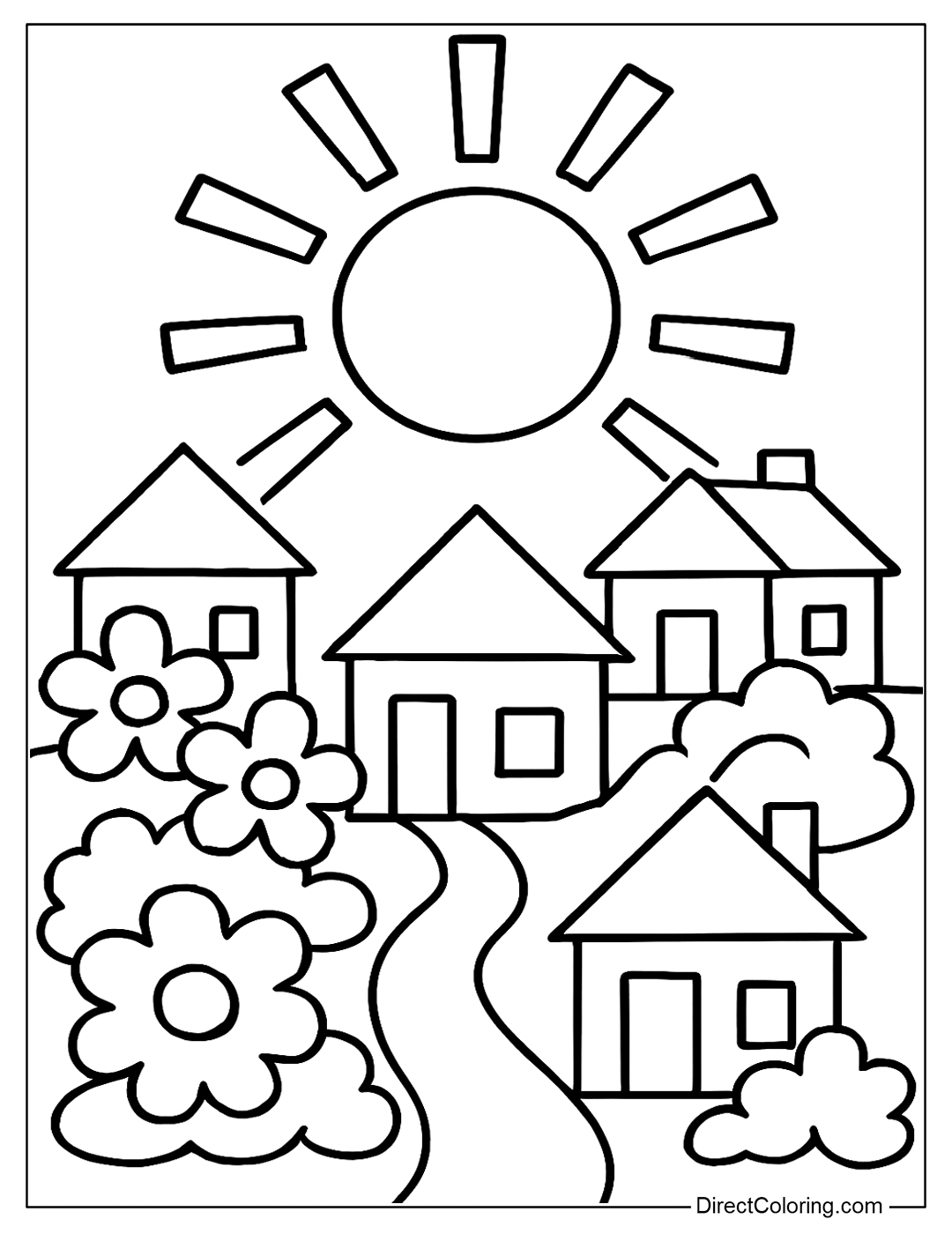 coloring page of a small city with 3 houses with triangular roofs and small chimneys