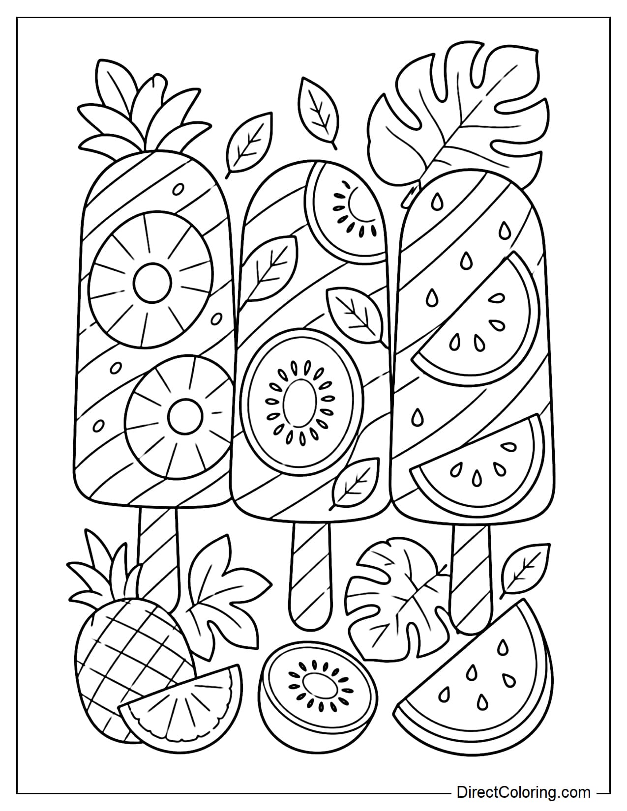A set of popsicles inspired by tropical fruits like pineapple, kiwi, and watermelon, each featuring leaf patterns, large fruit slices, and candy stripes.