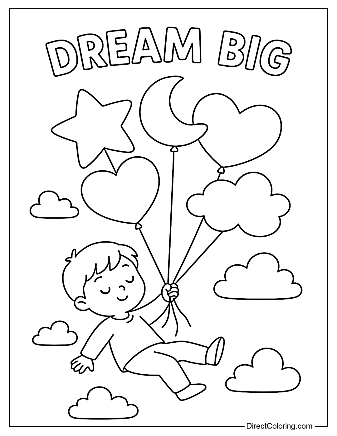 Coloring page of baby flying up with a bunch of balloons in the shape of stars, moons, hearts, fluffy clouds, with the words 
