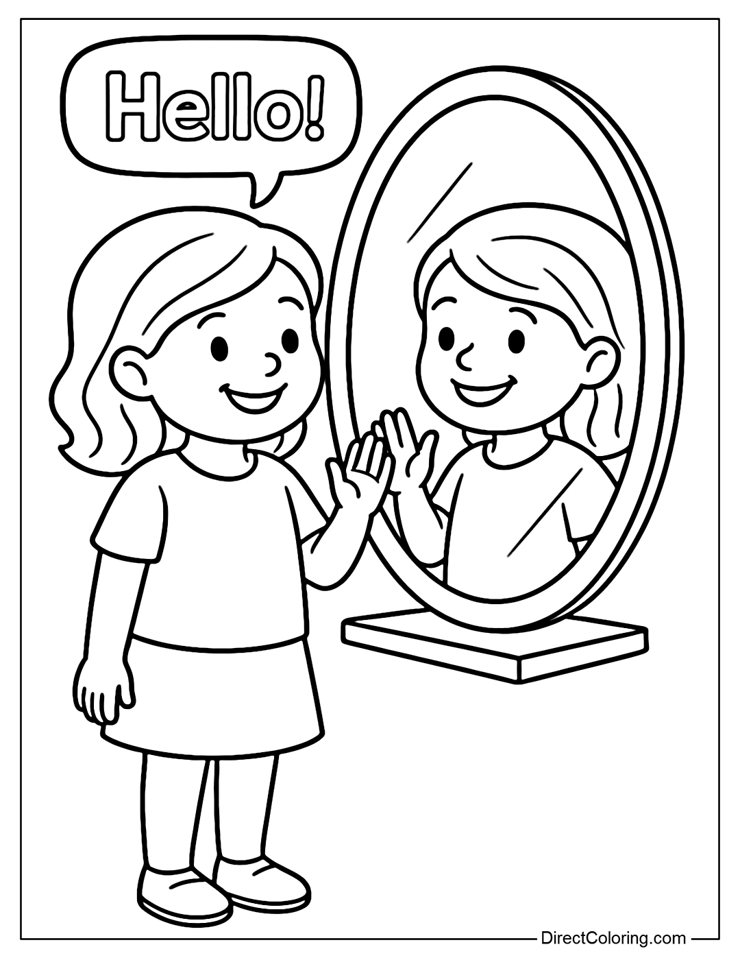 A coloring page of a child looking in the mirror, smiling, and greeting himself – encouraging self-love.