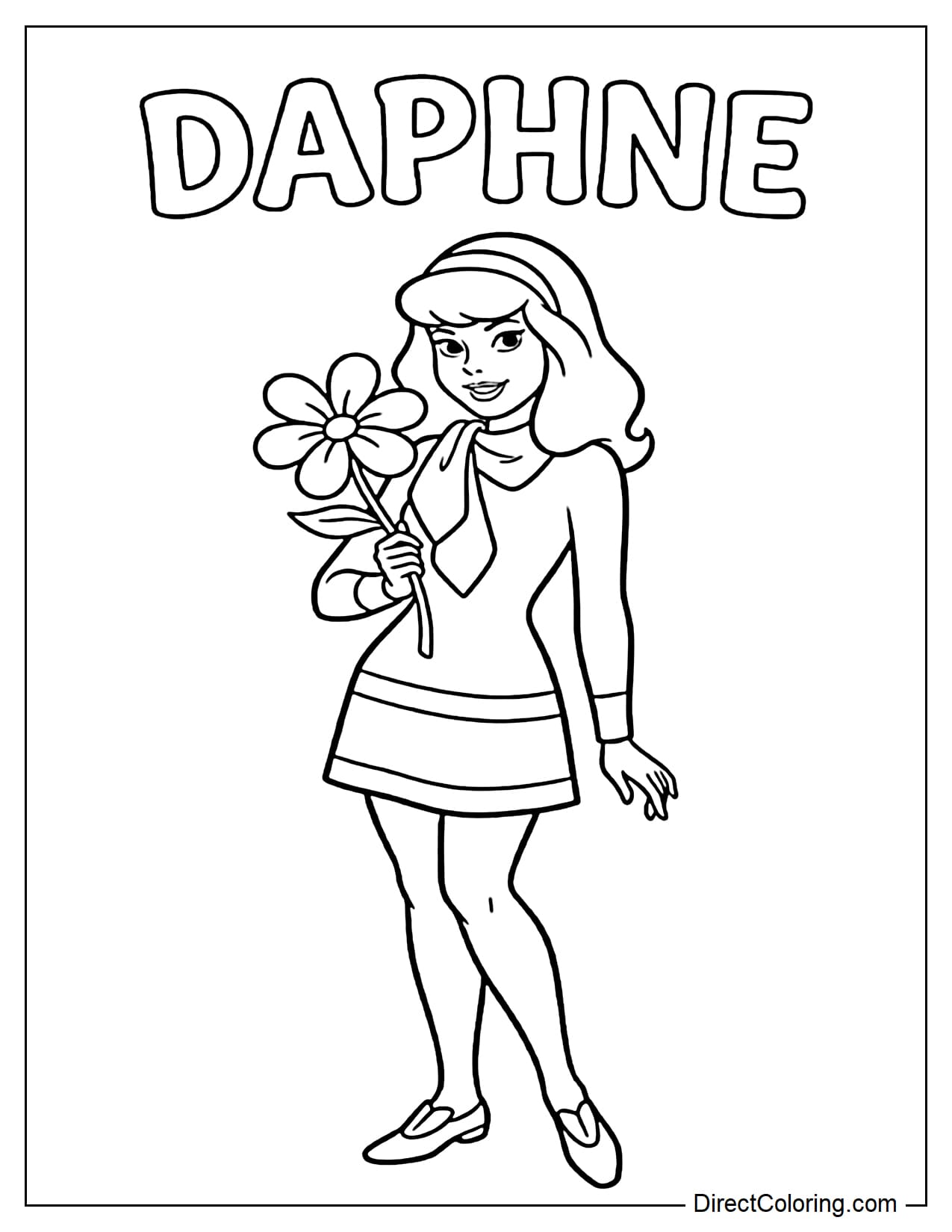 Daphne is standing in an elegant and friendly pose, holding a large flower in front of her chest with one hand while her other arm rests naturally by her side.