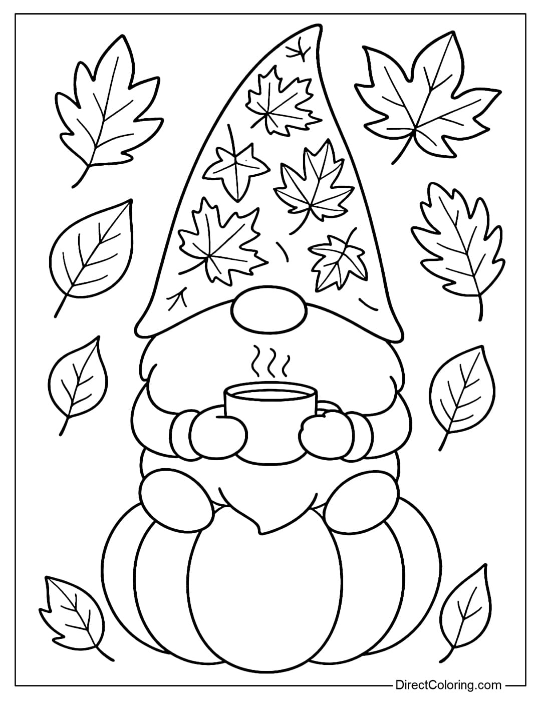 A coloring page of a cute autumn gnome, wearing a pointed hat covered in maple leaves, sitting on a pumpkin, surrounded by fallen leaves.