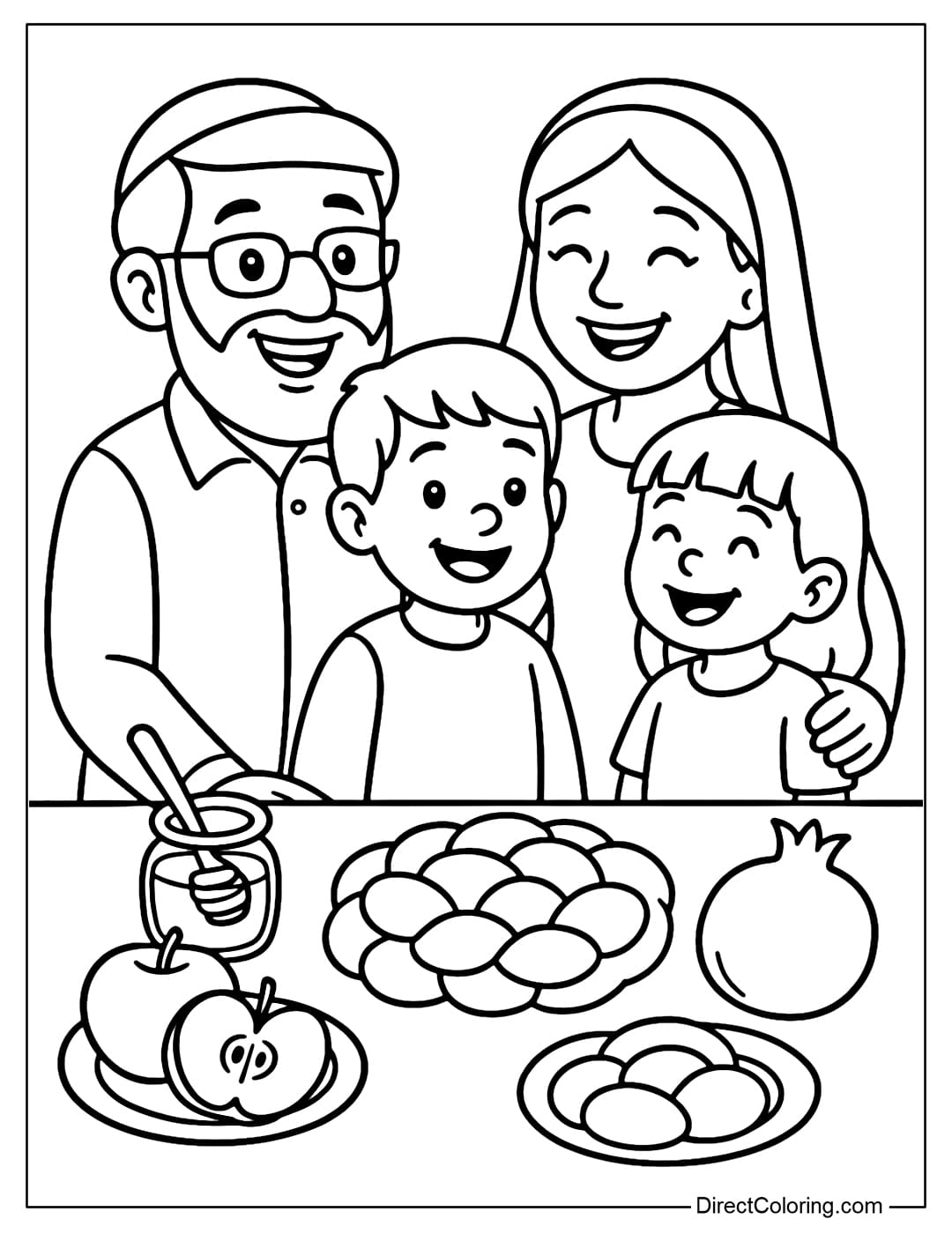 A Jewish family dinner table coloring page, everyone smiling, with apples dipped in honey, round challah, and red pomegranates on the table.