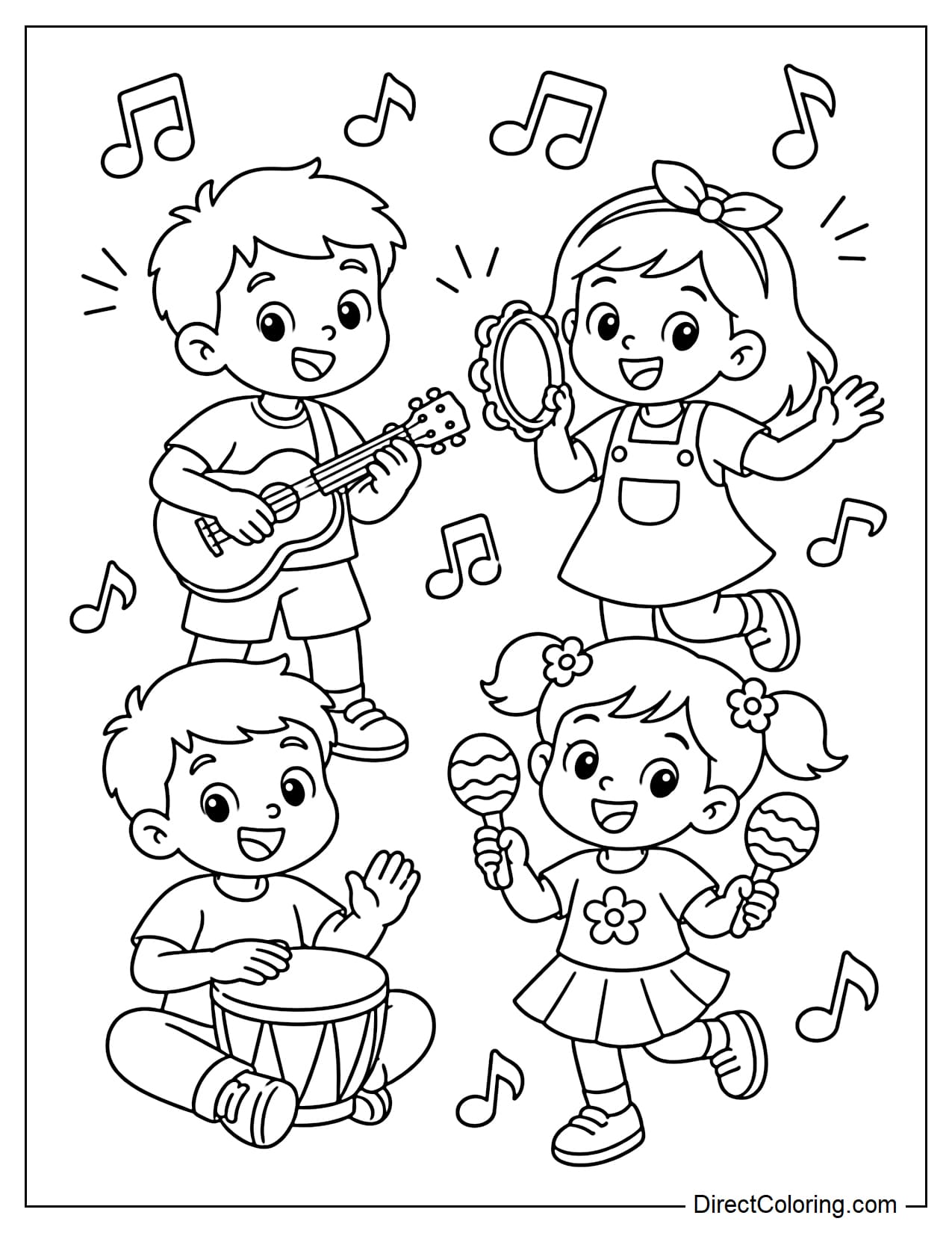 Four friends are performing in a small band, each playing a simple instrument like a ukulele, hand drums, maracas, and tambourine, surrounded by some large musical notes.