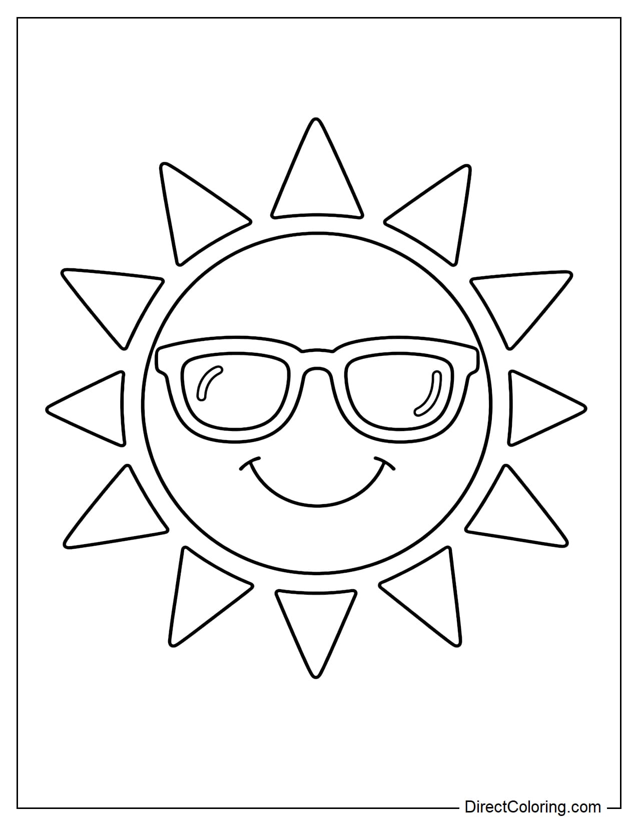 A large sun with a simple smiley face and sunglasses, triangular sunbeams.