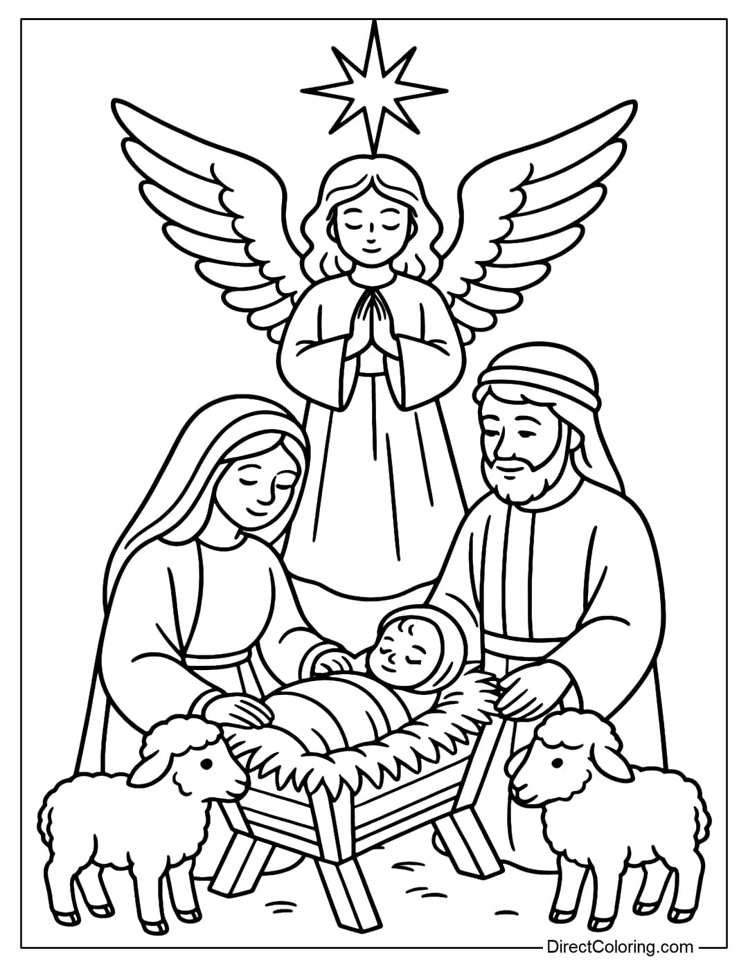 Coloring page of an angel flying over the manger, hands clasped on his chest, gentle expression. Below are Mary and Joseph looking lovingly at the Baby, 2 lambs on either side.