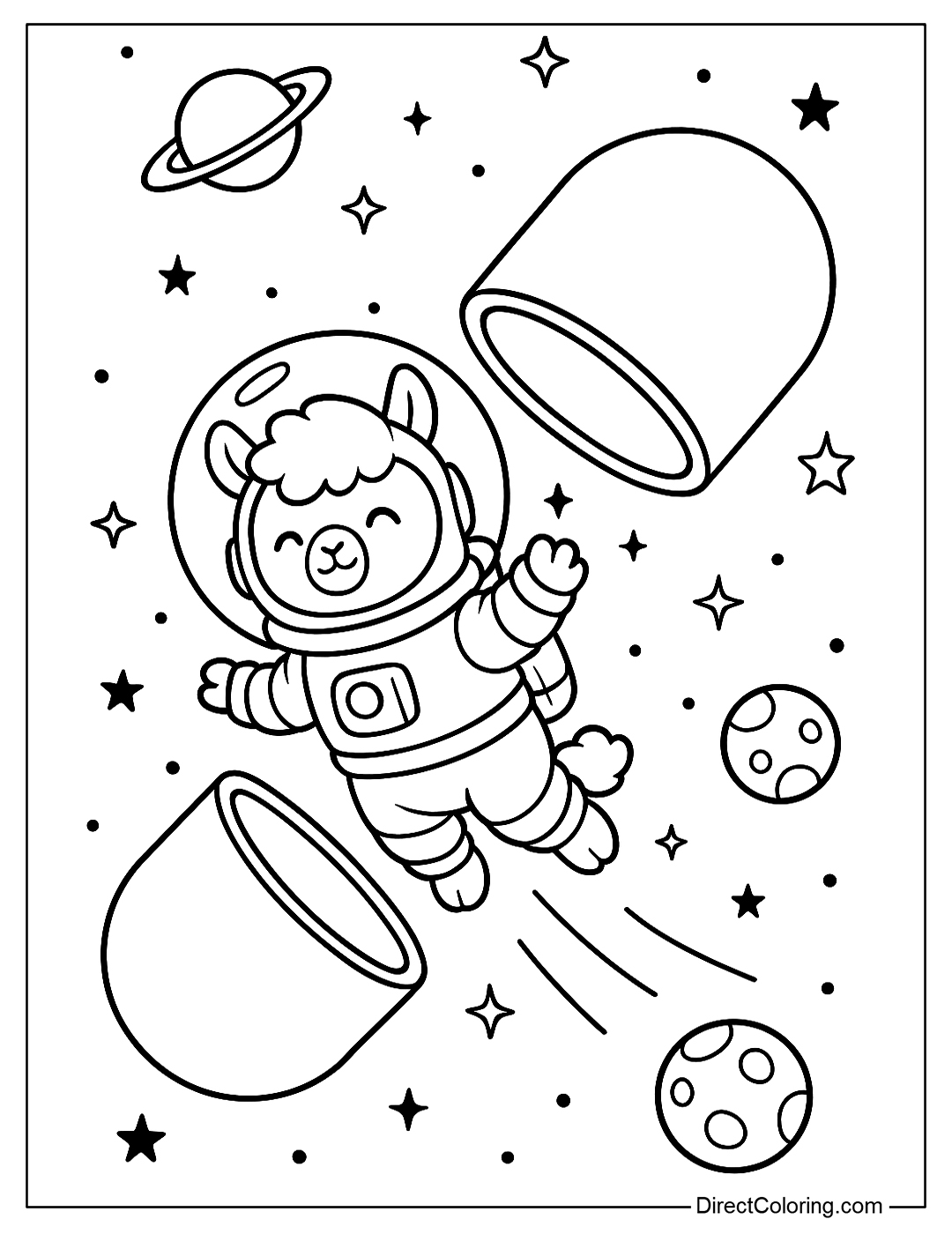 A cute alpaca wearing an astronaut suit flying out of an open capsule, surrounded by stars and small planets