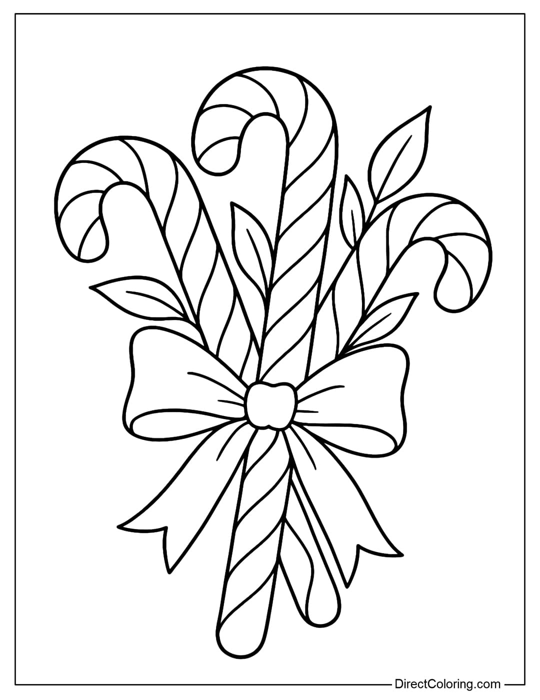 Coloring page of three candy canes tied with a large bow and a cluster of leaves.