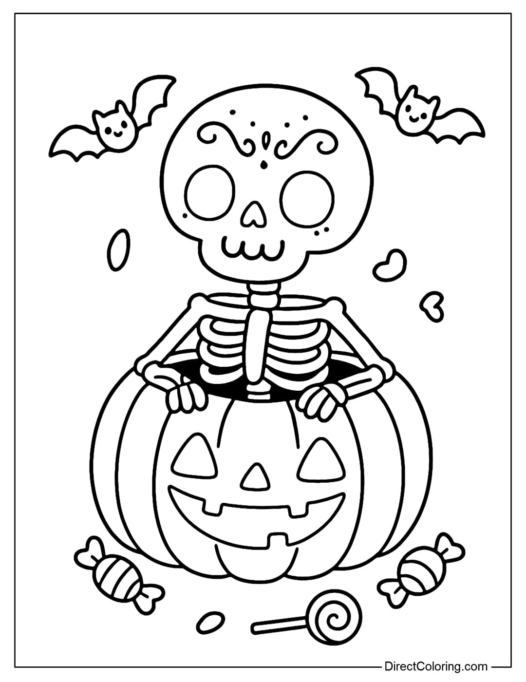 Coloring page of a skeleton crawling out of a giant pumpkin, surrounded by bats and Halloween candy.
