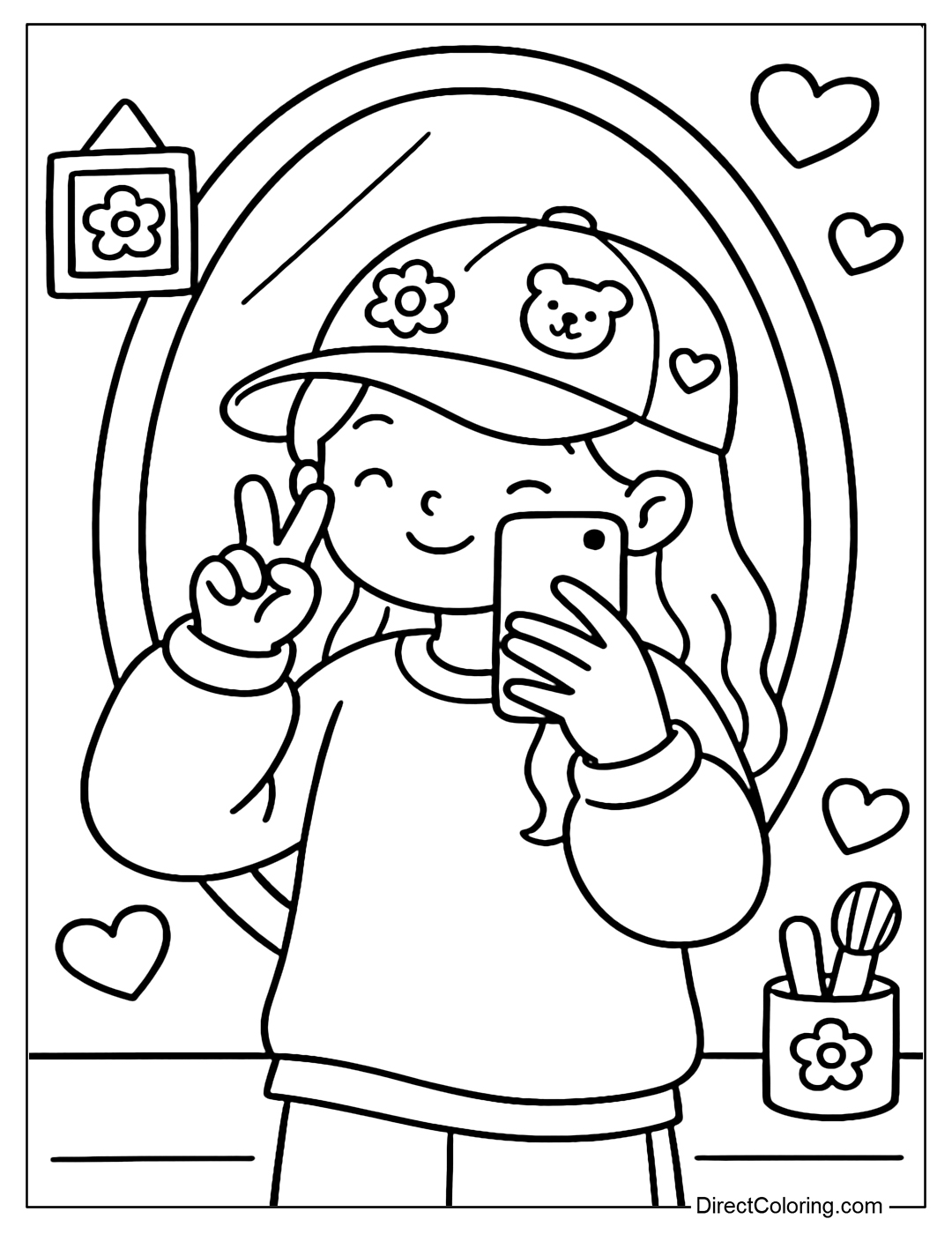Coloring page of a little girl wearing her favorite hat with stickers, posing in front of a mirror.