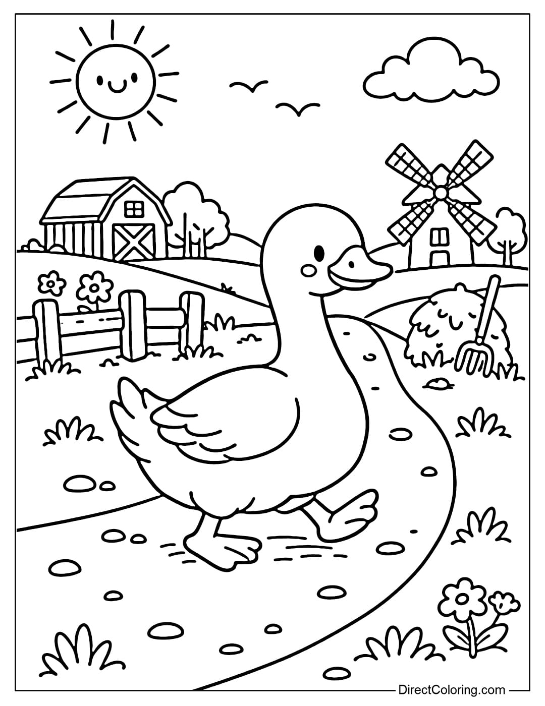 A coloring page of a goose walking on a simple farm path.