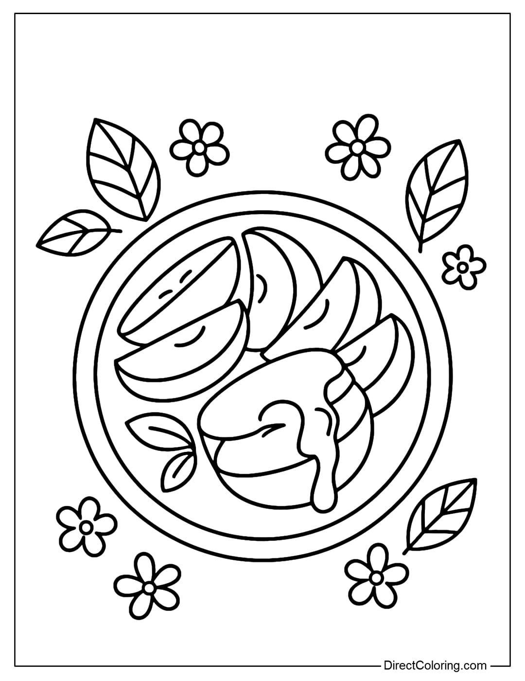 A coloring page of a plate of sliced ​​apples dipped in honey, decorated with some leaves and small flowers around to make it more lively.
