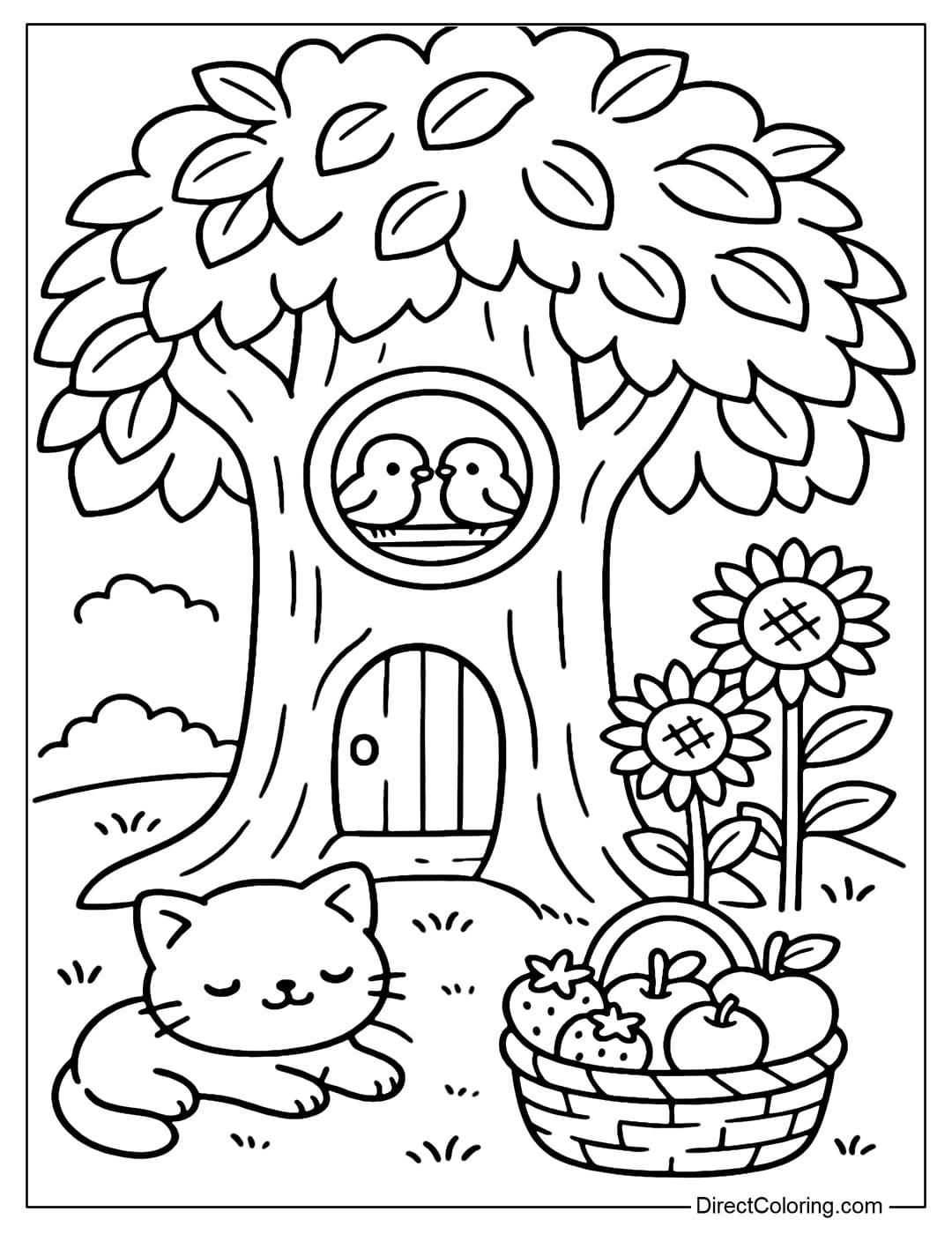 Summer Stump Coloring Page Summer tree stump coloring page, cool green leaves, sparrows perched by the window.