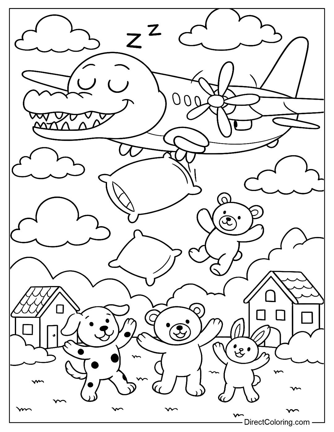 Bombardiro Crocodilo Coloring Page is flying low to drop fluffy pillows on the town Toy Town, where stuffed animals wave to greet them