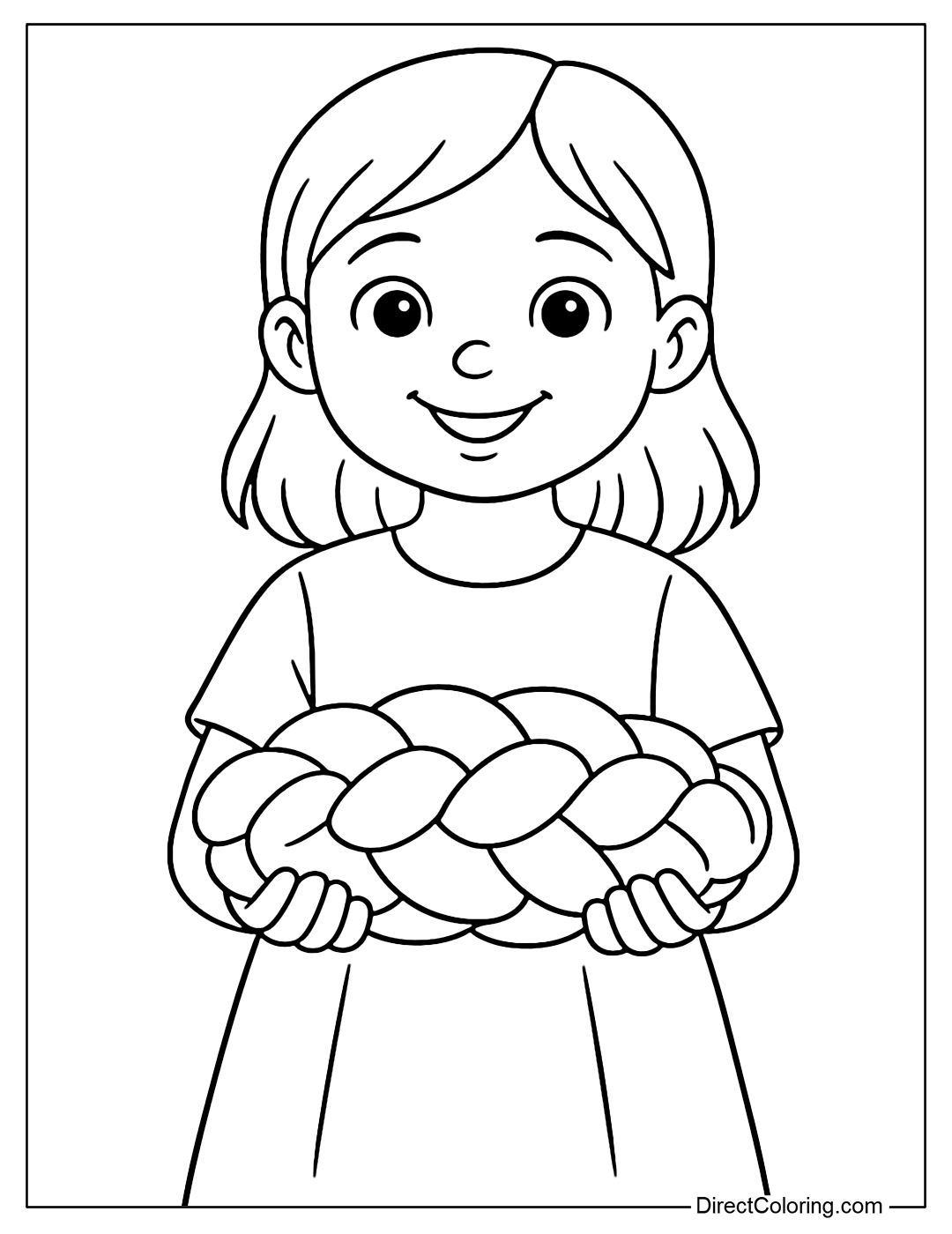 Coloring page of a girl holding a loaf of traditional braided challah bread on the Sabbath.