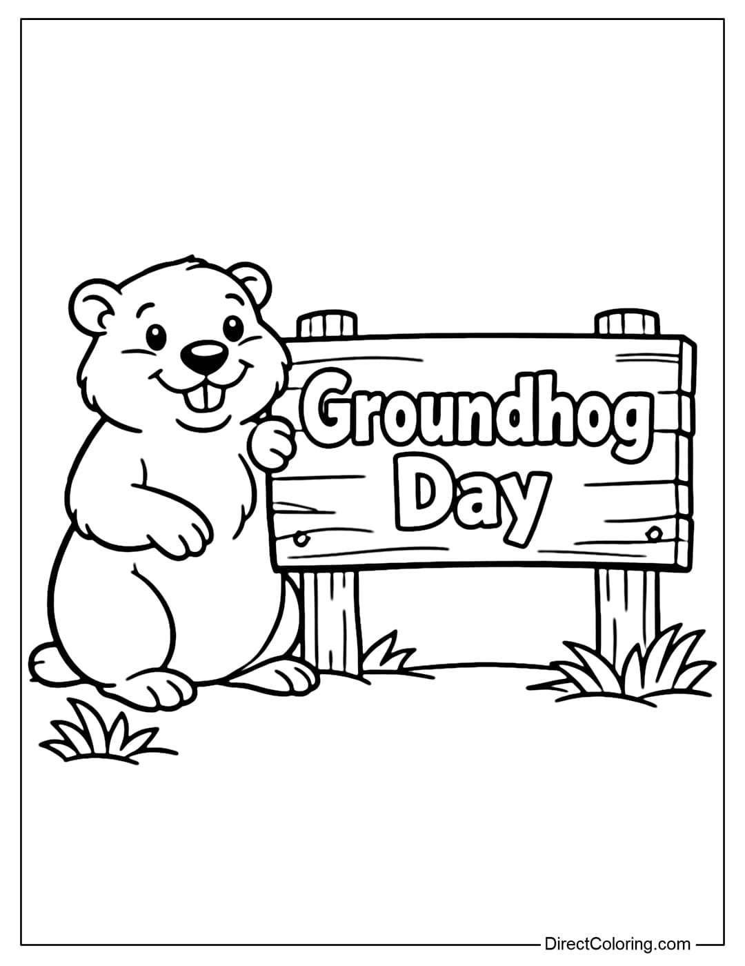 A coloring page of a groundhog standing next to a wooden sign that says 