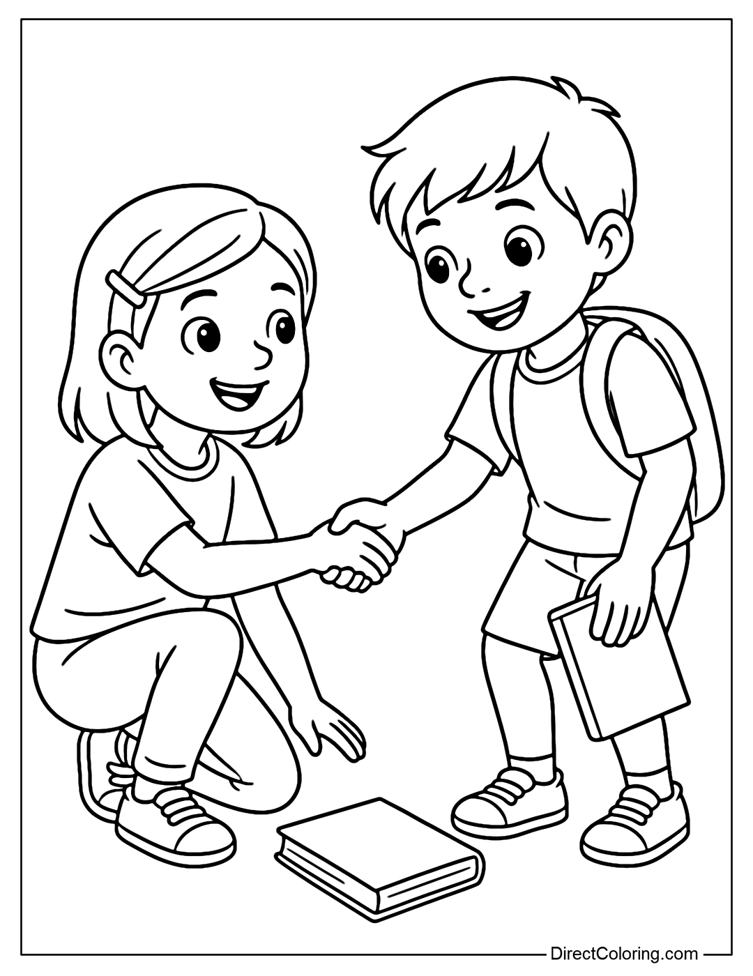 A coloring page where a child greets a friend by helping him pick up a dropped book.