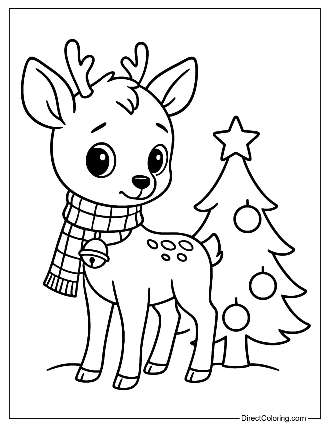 Coloring page of a baby deer wearing a bell necklace, wearing a checkered scarf, standing next to a Christmas tree.