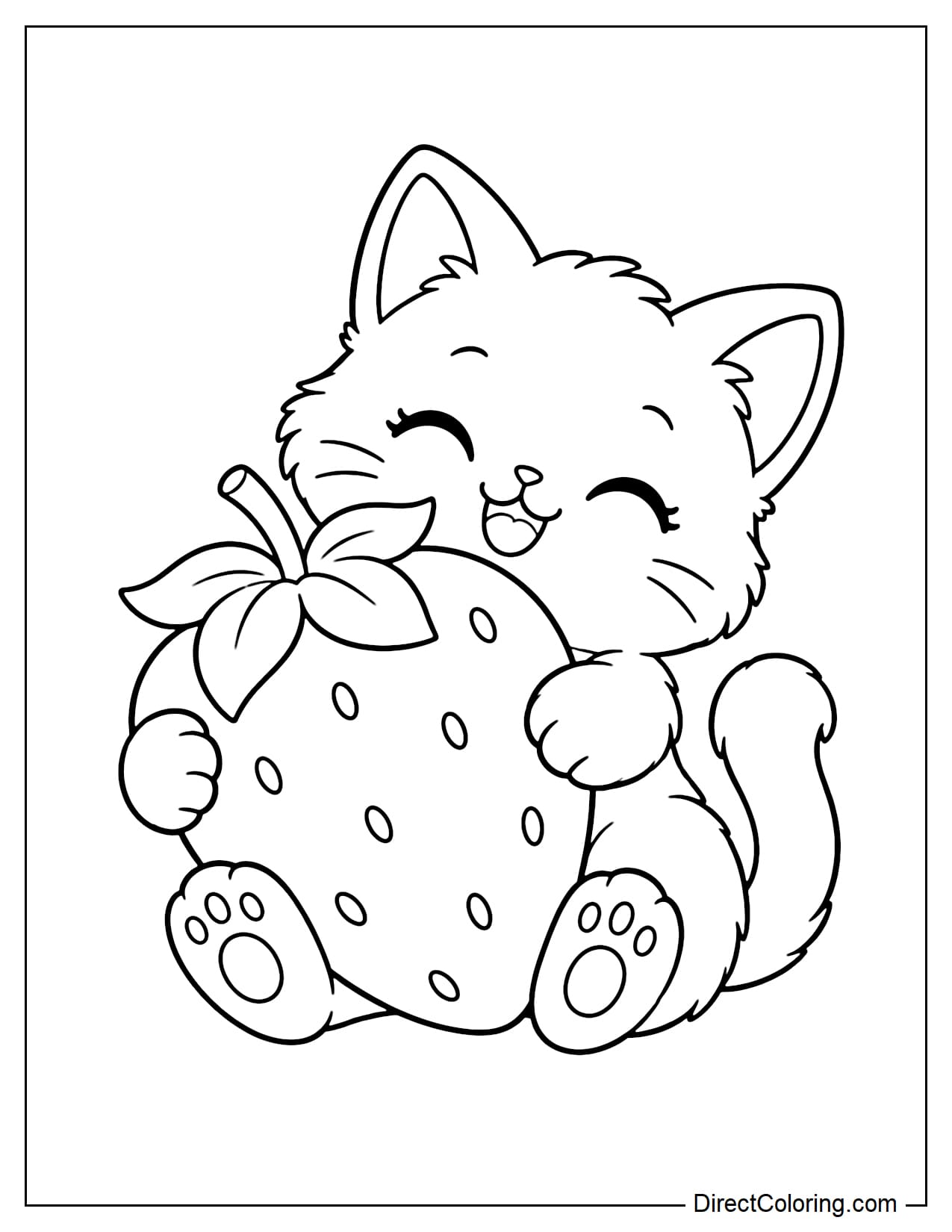 A cute kitten sits happily hugging a giant strawberry with both front paws wrapped around it.