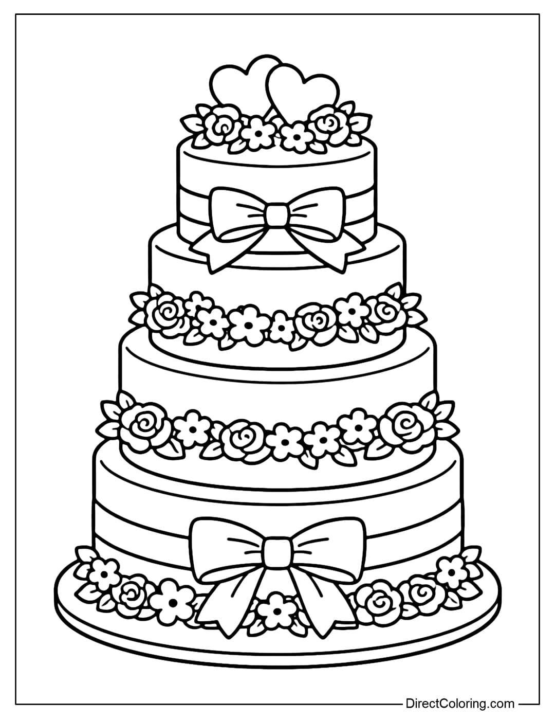 Coloring page of a multi-tiered wedding cake decorated with simple and cute flowers and bows.