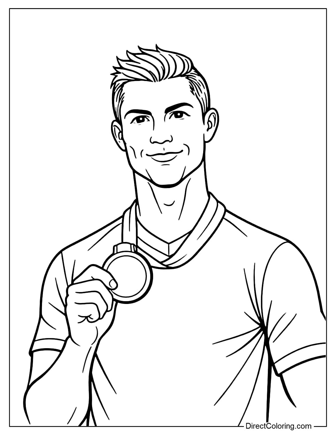 A coloring page of Cristiano Ronaldo holding a medal in front of his chest, with a proud expression.
