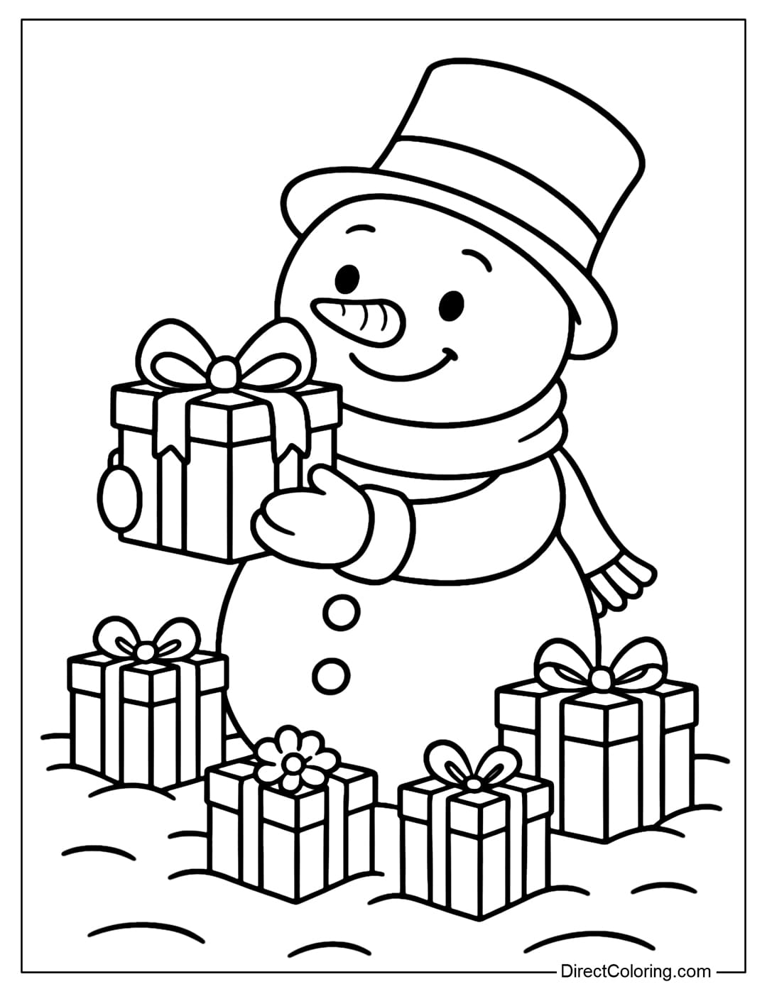 A snowman coloring page giving gifts, holding a gift box with a big bow, surrounded by other gift packages.