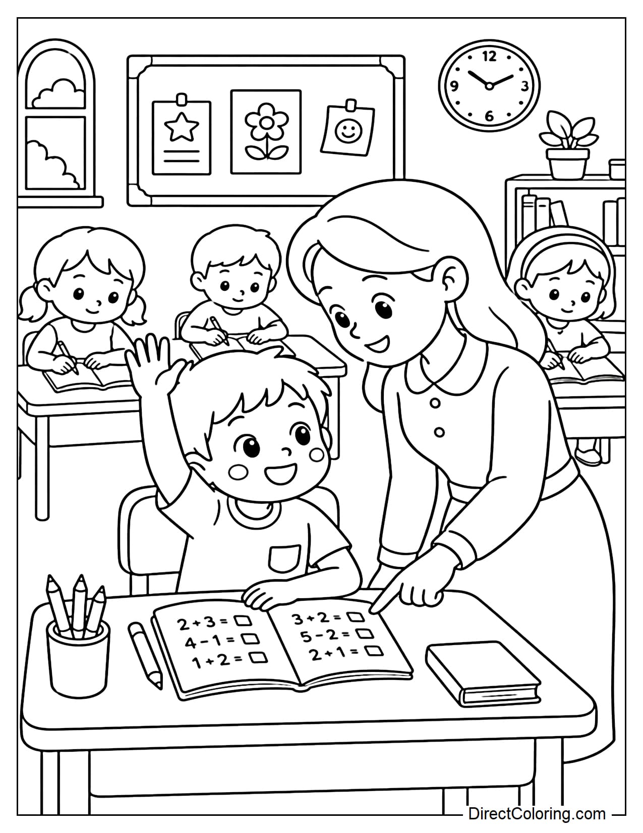One child is raising their hand to ask the teacher for help with homework, the teacher bends down to kindly guide them, the other children sit quietly in the back.