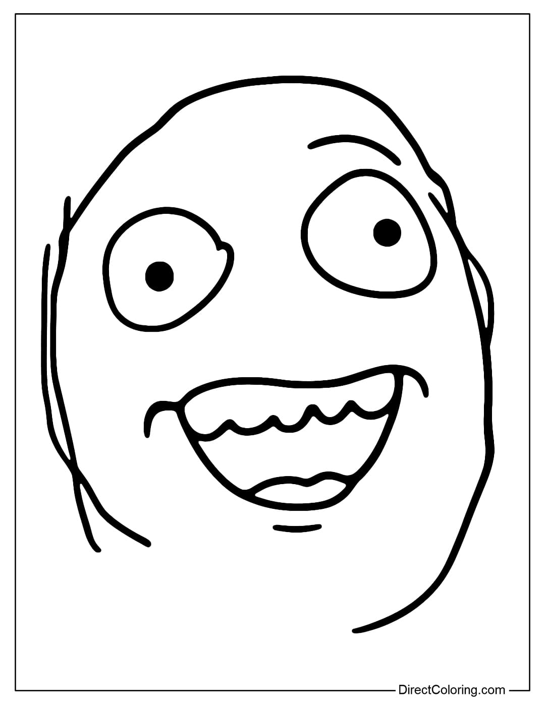 A coloring page of a distorted face, squinting eyes, and a silly smile, classic 