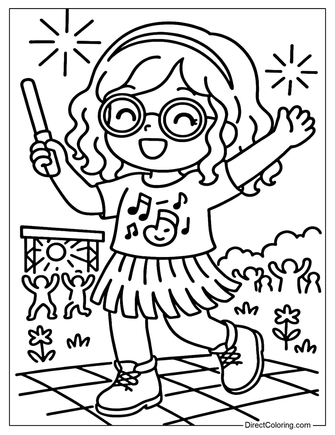 Coloring page of a girl with curly hair, wearing a small headband, retro round glasses, one hand holding a glow stick, the other hand raised high to the music.
