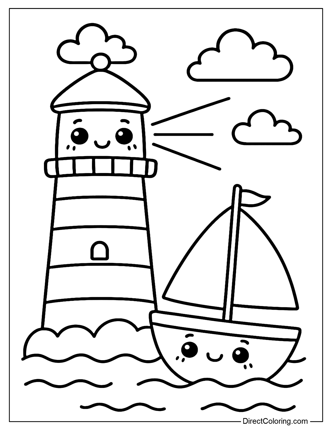 A cute little lighthouse coloring page with cute eyes, the light from the lighthouse lights the way for the funny sailboat.