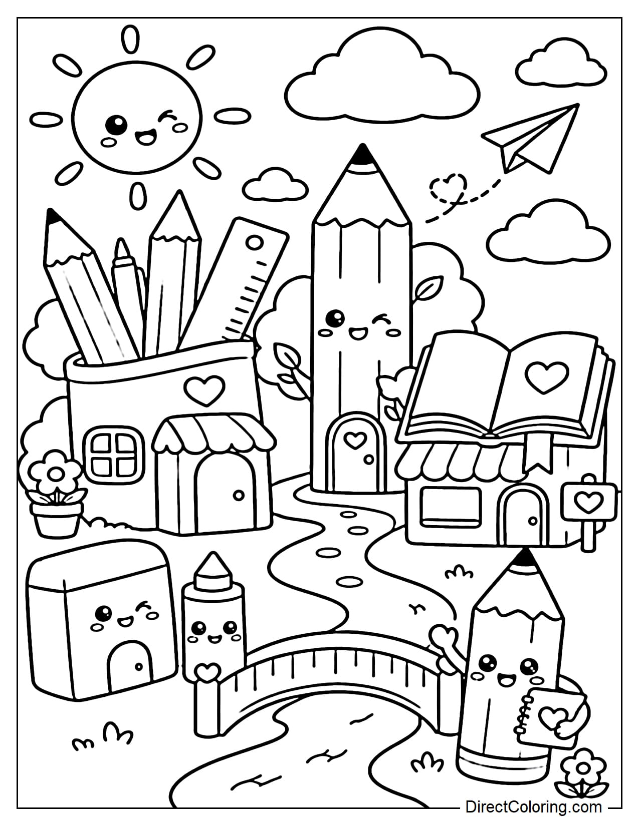 A small town made from school supplies, houses are pencil cases, trees are pencils, bridges are rulers, and shops are open books.