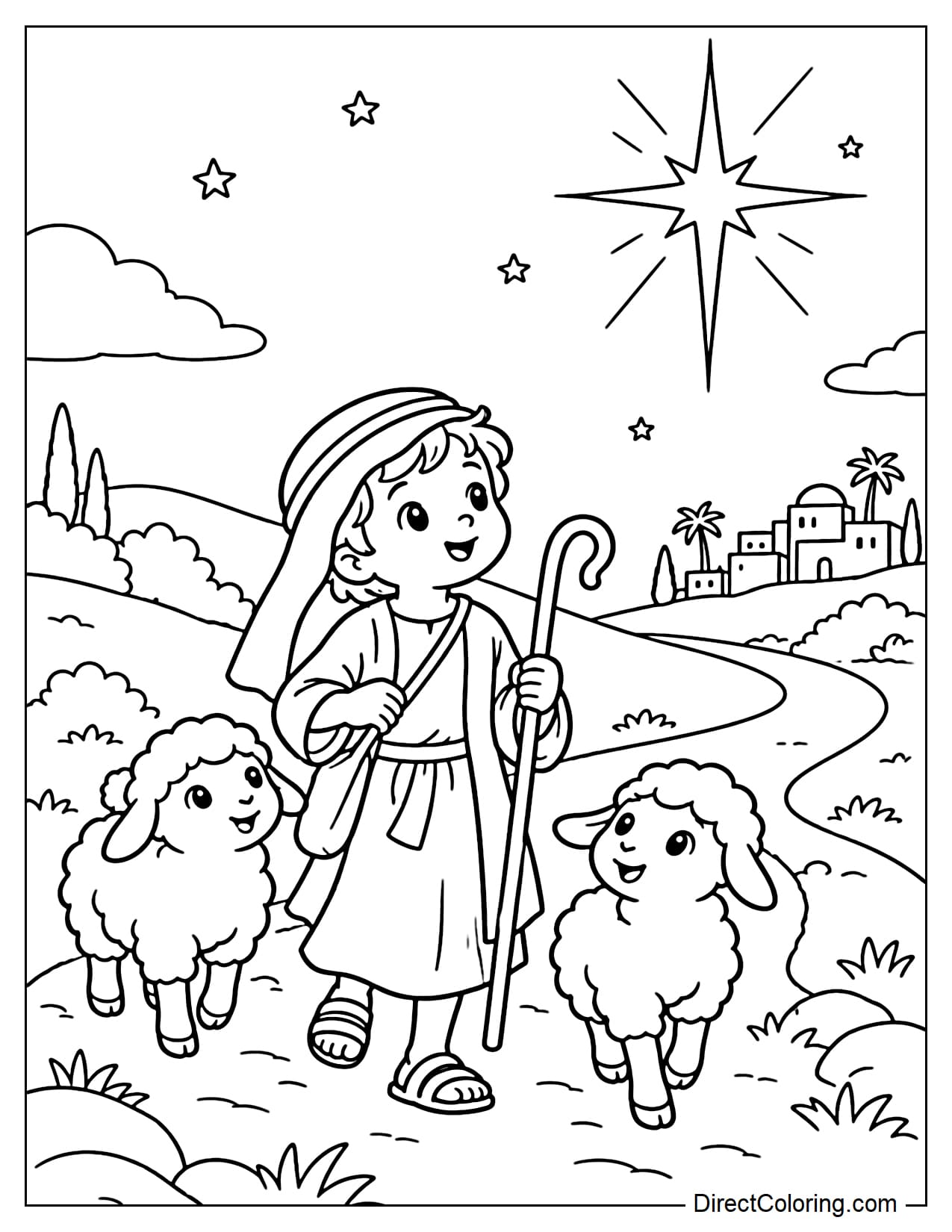 A young shepherd boy carrying a staff and walking along a small path with two sheep, looking up at the large Star of Bethlehem guiding the way above.